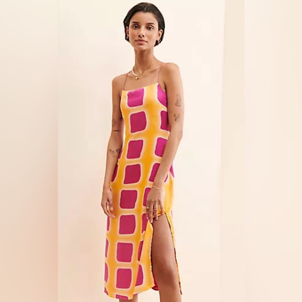 Anthropologie Pink & Yellow Geometric Slip Midi Dress